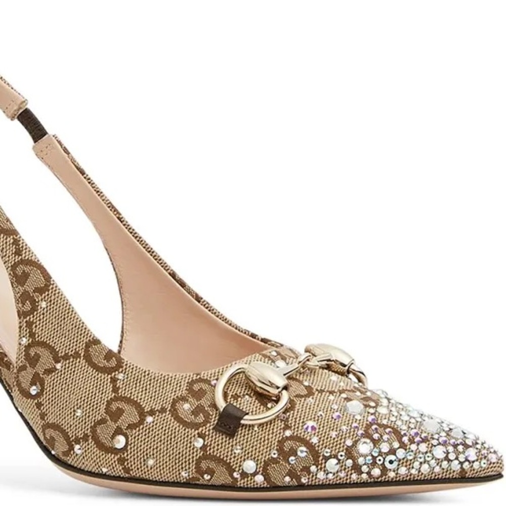 Pointed-Toe slingback crystal embellished heels with Gold Horsebit hardware - Picture 4 of 5